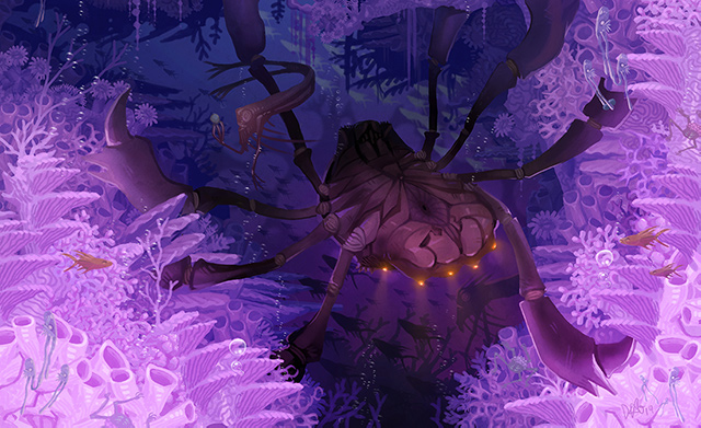 Massive crustacean tending to purple coral gardens.